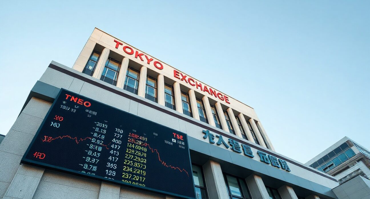 Tokyo Stock Exchange building with digital stock ticker, representing foreign investment flows in Japan.