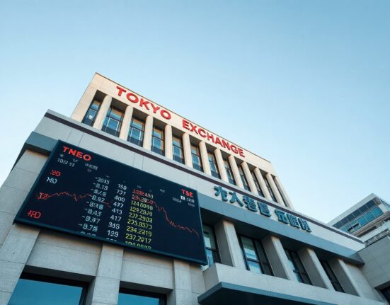 Tokyo Stock Exchange building with digital stock ticker, representing foreign investment flows in Japan.