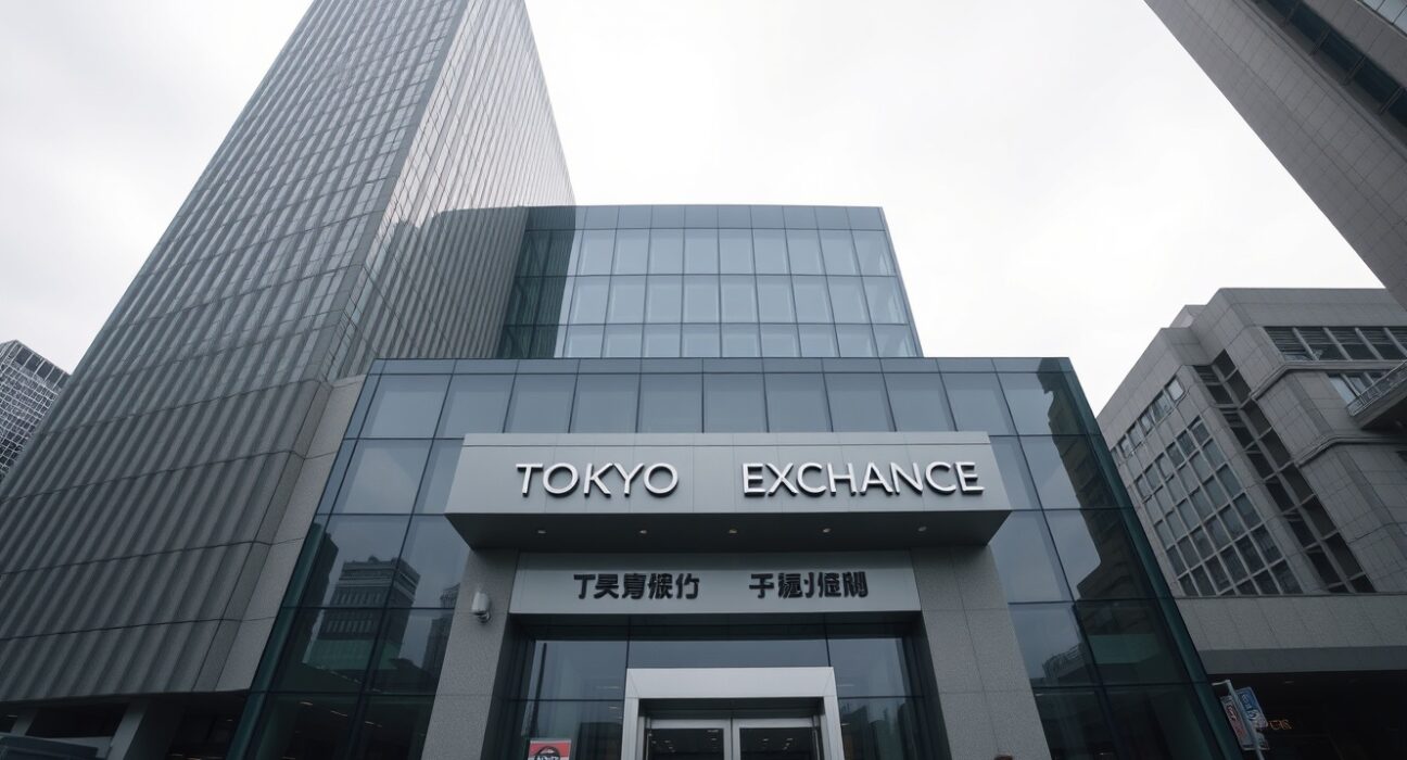 Tokyo Stock Exchange building in financial district on a cloudy day.