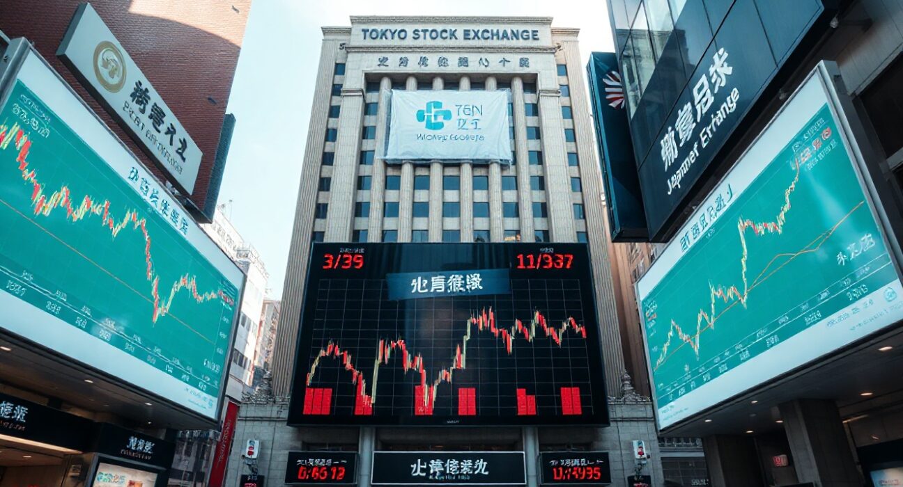 Tokyo Stock Exchange building with digital stock price boards, reflecting market activity