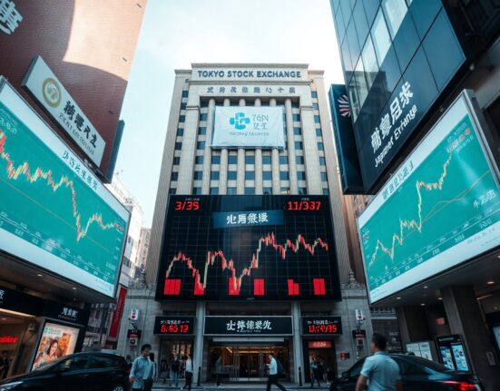 Tokyo Stock Exchange building with digital stock price boards, reflecting market activity