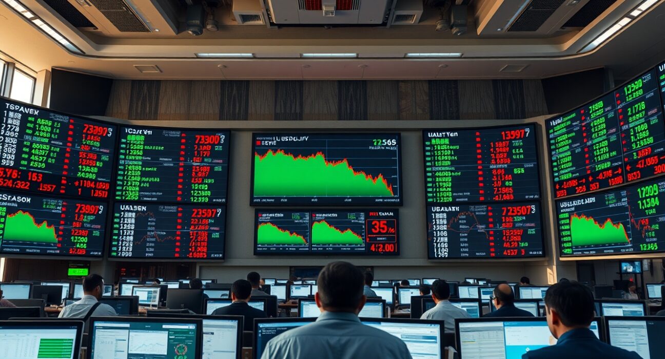 Tokyo foreign exchange trading floor with screens showing yen-dollar rates during a currency intervention.