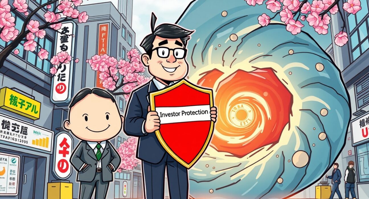 Japanese regulator protecting investors from inappropriate overseas crypto ETFs derivatives in a cartoon scene.