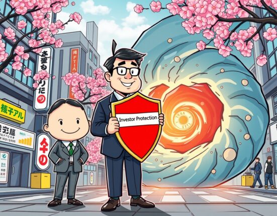 Japanese regulator protecting investors from inappropriate overseas crypto ETFs derivatives in a cartoon scene.