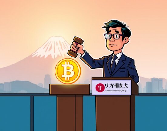 Japanese regulator overseeing crypto regulation with a gavel and glowing digital tokens in a vibrant cartoon scene.