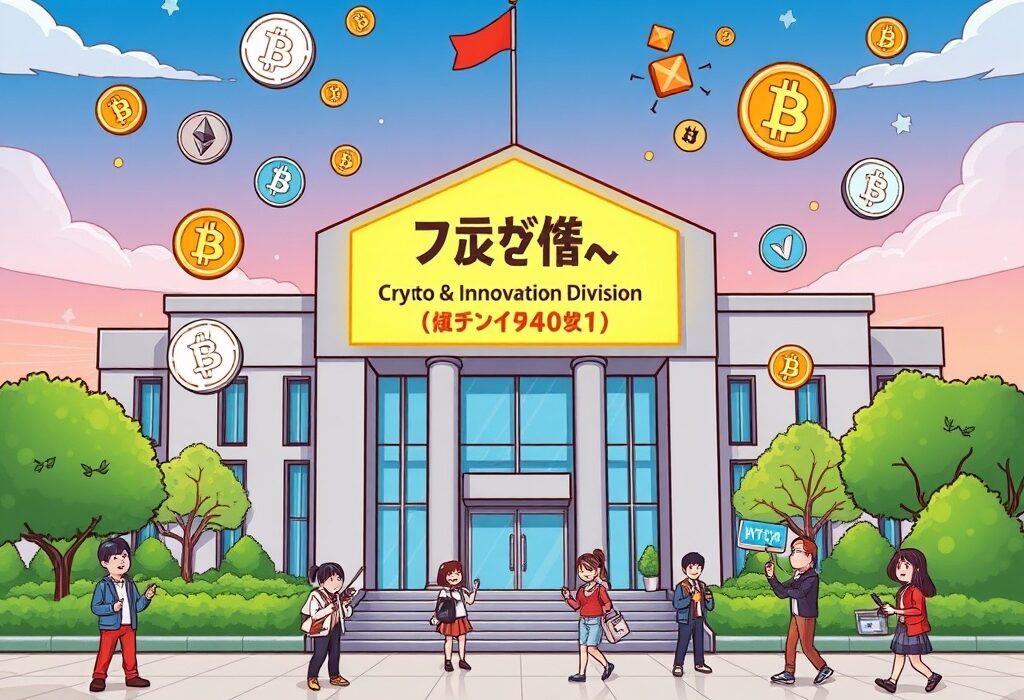 A cartoon depicting Japan's FSA crypto unit establishment, symbolizing a crucial step in digital asset regulation.