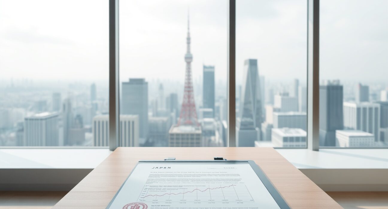 Japanese financial regulatory documents and a tablet showing cryptocurrency charts on a desk in a Tokyo office.