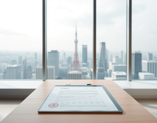 Japanese financial regulatory documents and a tablet showing cryptocurrency charts on a desk in a Tokyo office.