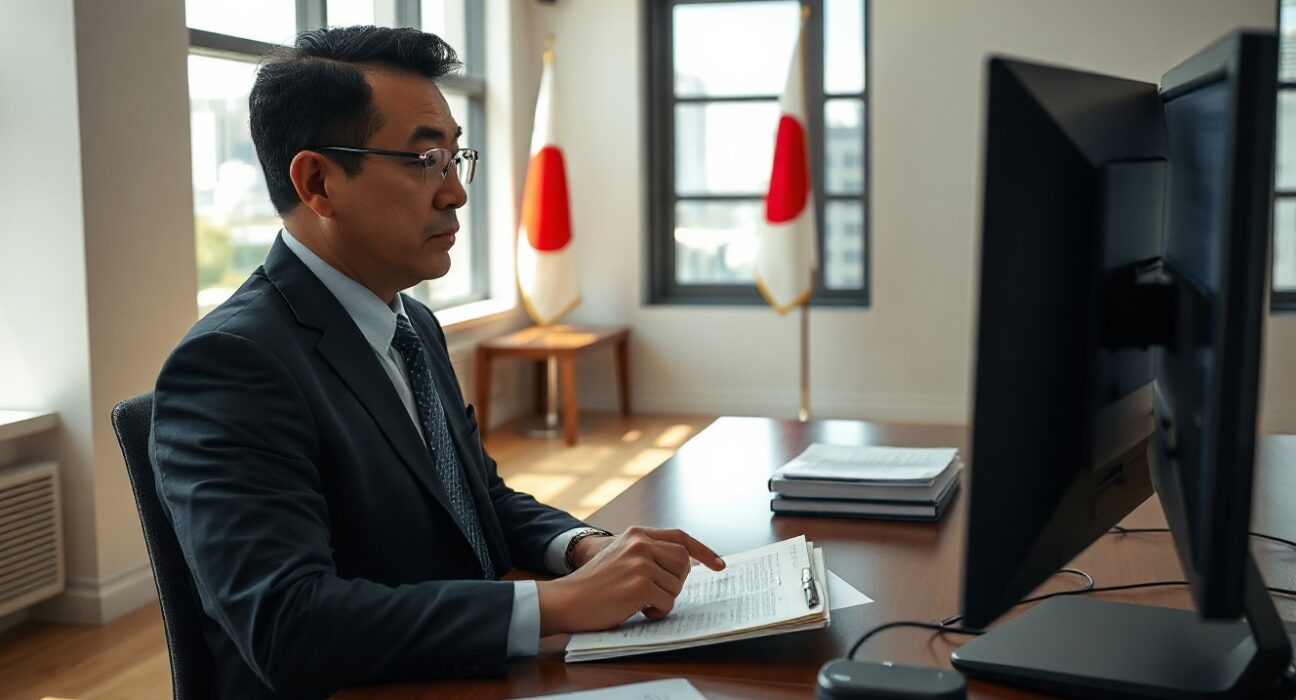Japanese financial regulator reviewing crypto exchange documents in a Tokyo office