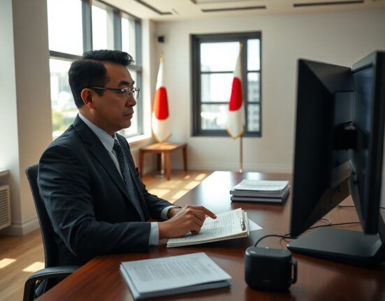 Japanese financial regulator reviewing crypto exchange documents in a Tokyo office