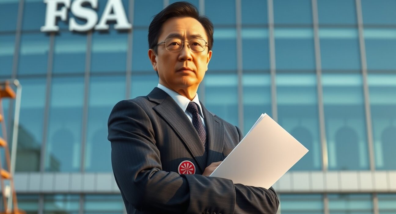 Japanese FSA official announcing stricter cryptocurrency regulation and penalties in Tokyo.