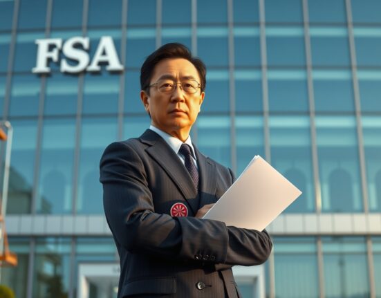 Japanese FSA official announcing stricter cryptocurrency regulation and penalties in Tokyo.