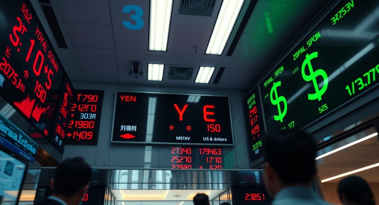 Digital yen-dollar exchange rate board in Tokyo financial district during market intervention
