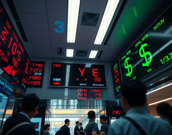Digital yen-dollar exchange rate board in Tokyo financial district during market intervention