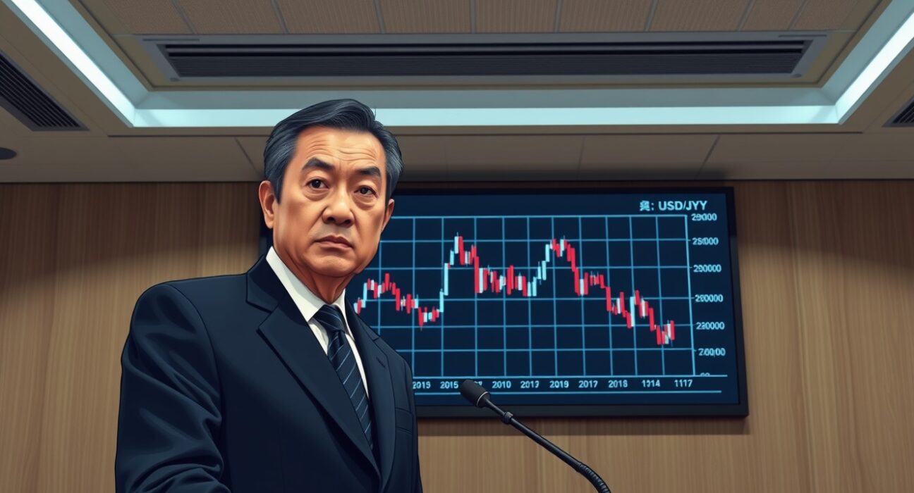 Japan FX intervention press conference with official pointing at yen exchange rate chart