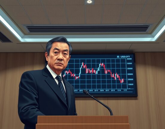 Japan FX intervention press conference with official pointing at yen exchange rate chart