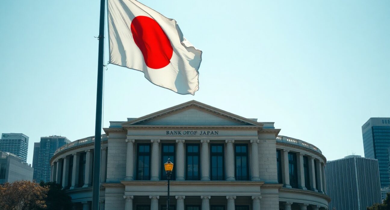 Bank of Japan headquarters in Tokyo on a clear day, symbolizing the nation's inflation data release.