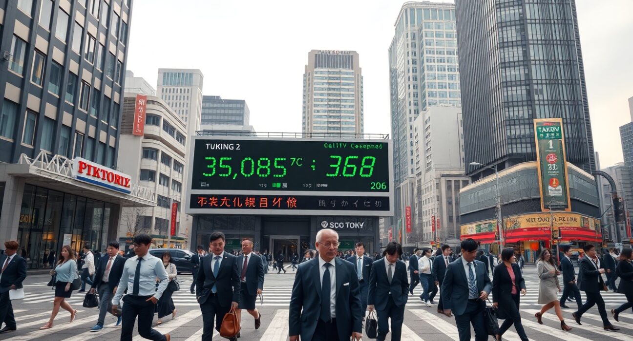 Tokyo business district with stock ticker showing positive numbers on a spring day