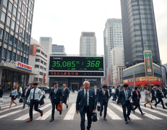 Tokyo business district with stock ticker showing positive numbers on a spring day