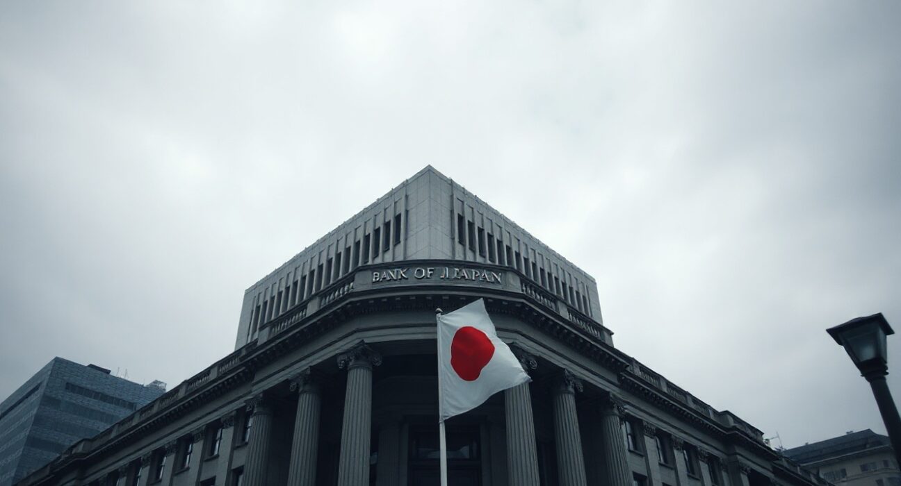 Bank of Japan headquarters in Tokyo with Japanese flag, symbolizing economic policy