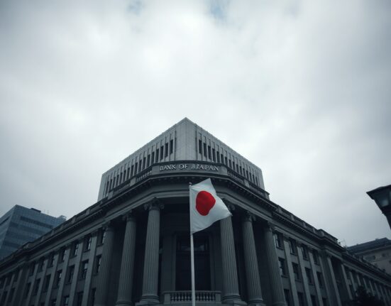 Bank of Japan headquarters in Tokyo with Japanese flag, symbolizing economic policy