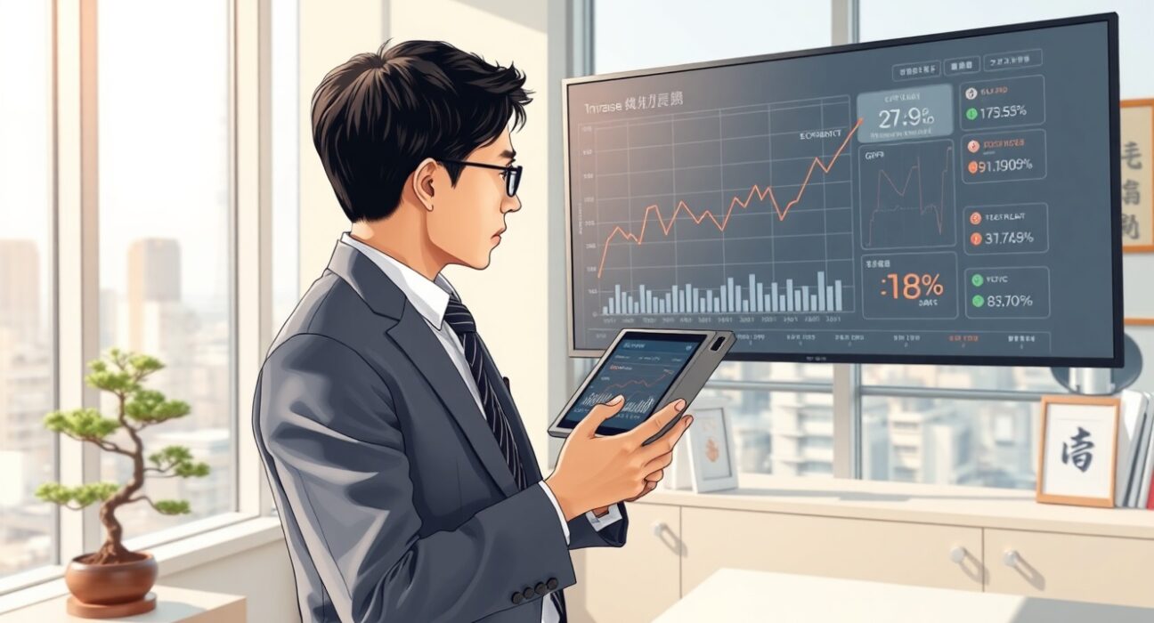 Japanese economic analyst examining GDP and wage growth data charts in Tokyo office setting