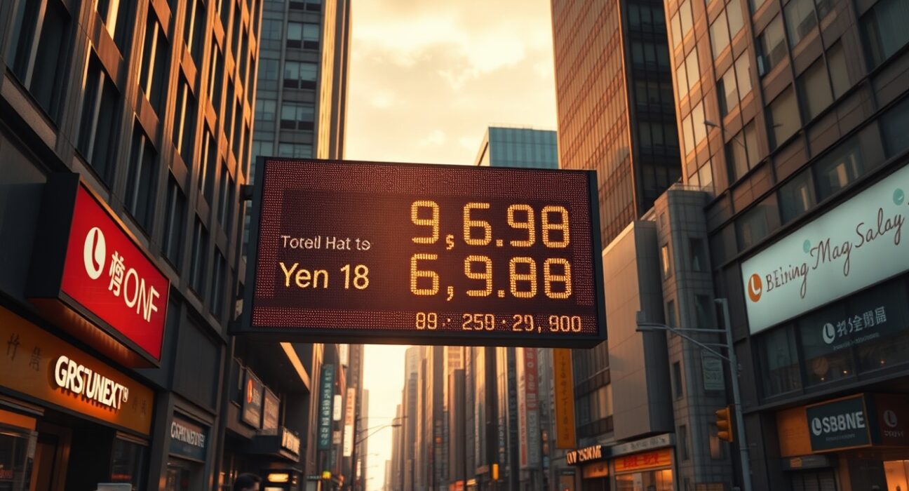 Tokyo financial district with electronic yen-dollar exchange rate boards under a cloudy sky