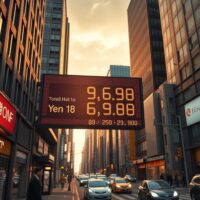 Tokyo financial district with electronic yen-dollar exchange rate boards under a cloudy sky