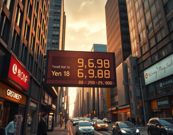 Tokyo financial district with electronic yen-dollar exchange rate boards under a cloudy sky