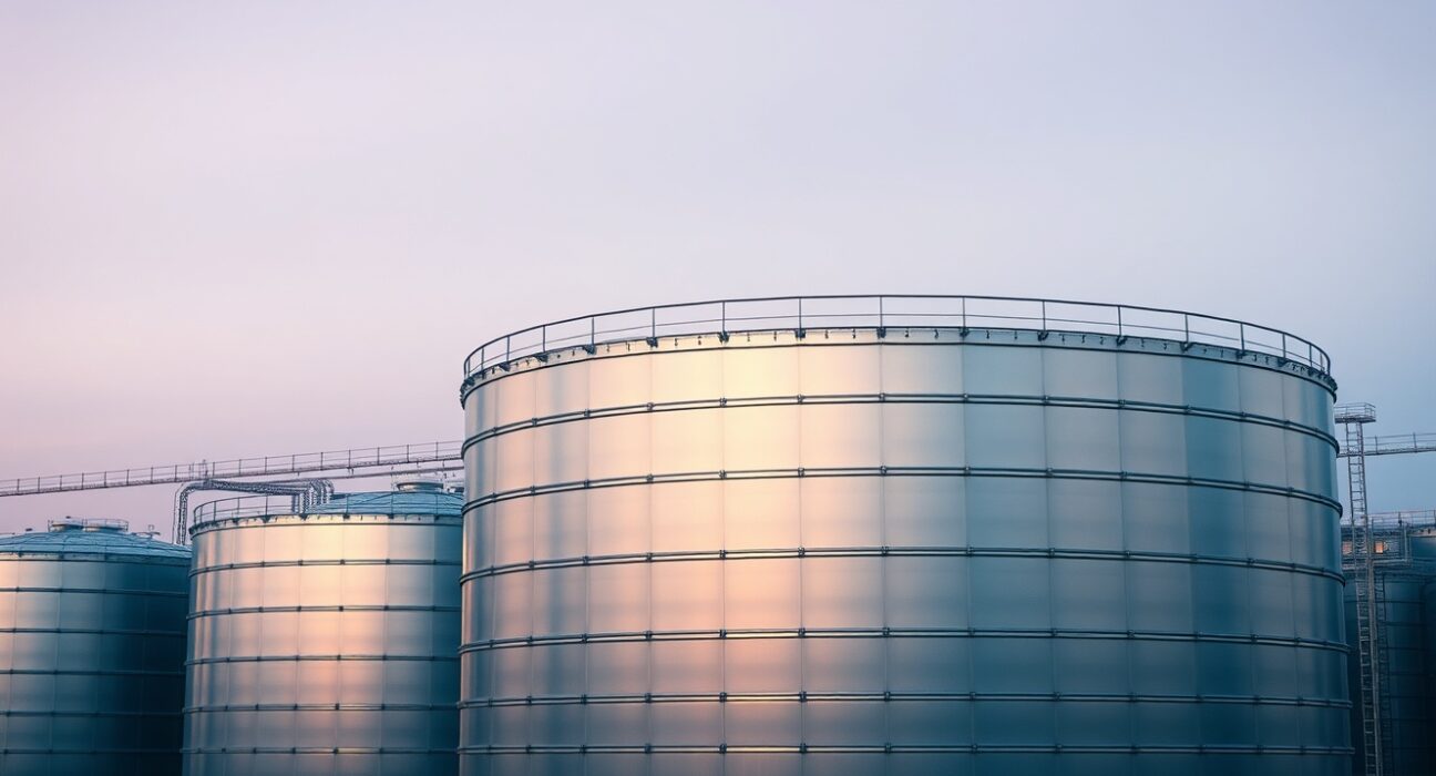 Industrial oil storage tanks representing strategic petroleum reserves release impacting WTI crude prices.