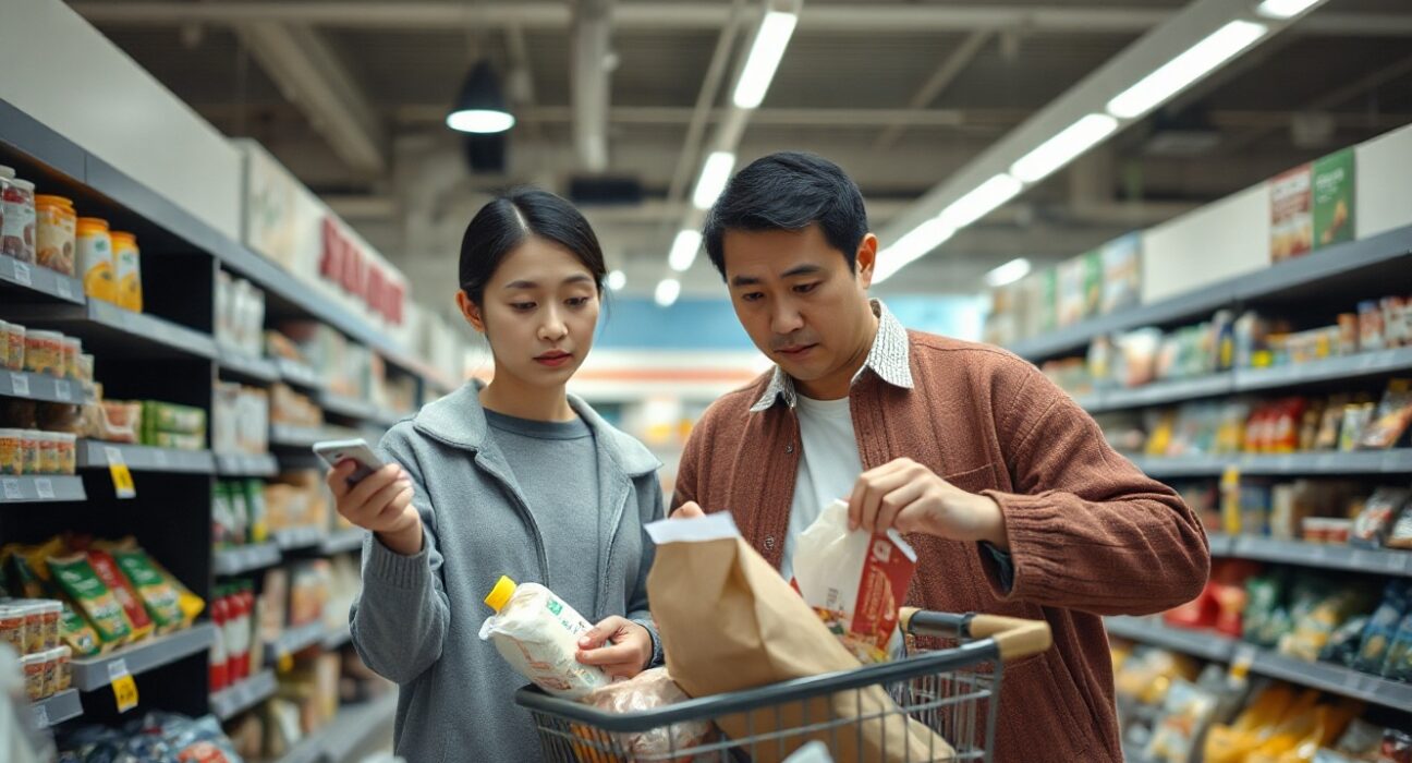 Japanese family shopping in a Tokyo supermarket, reflecting cautious consumer spending
