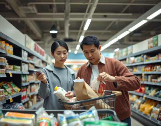 Japanese family shopping in a Tokyo supermarket, reflecting cautious consumer spending