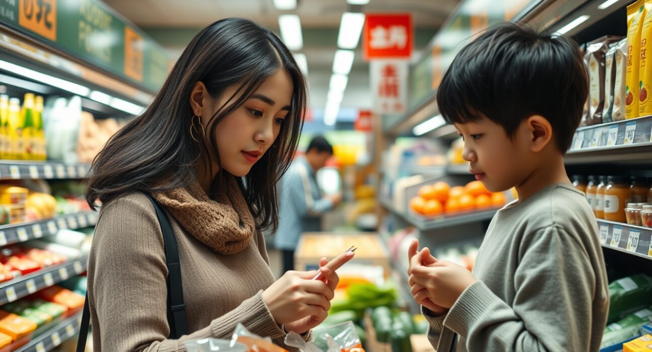 Japanese family shopping in a supermarket, illustrating cautious consumer spending in May.