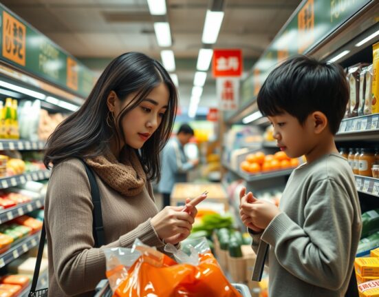 Japanese family shopping in a supermarket, illustrating cautious consumer spending in May.