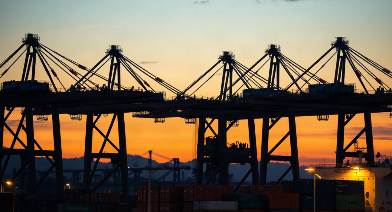 Cargo port in Japan at dusk with cranes and containers, symbolizing import activity