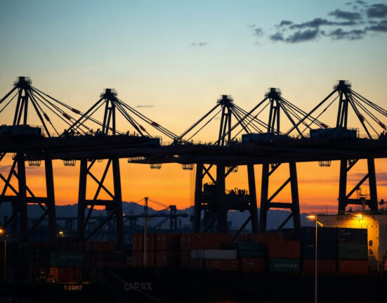 Cargo port in Japan at dusk with cranes and containers, symbolizing import activity