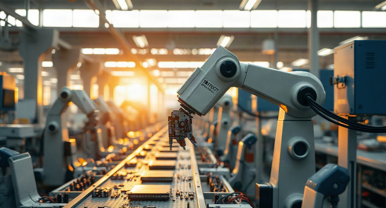Japanese factory production line with robotic arms assembling electronics