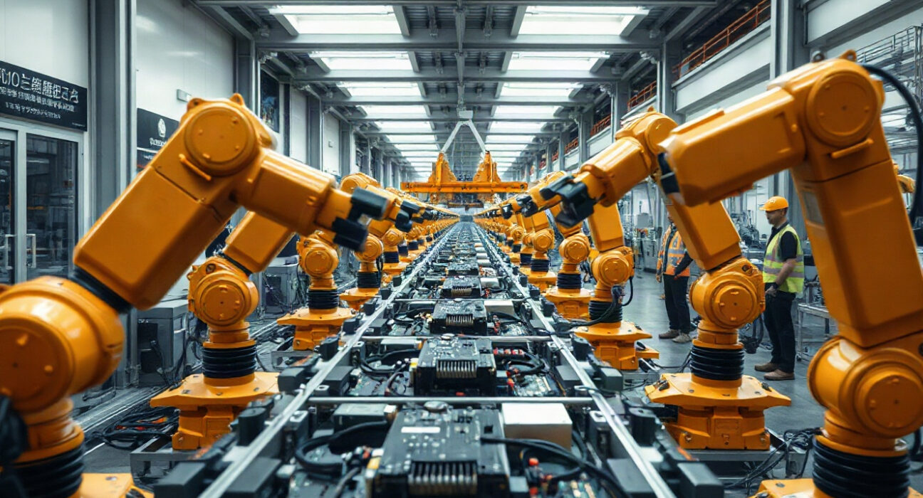 Japanese factory floor with robotic assembly line and workers in safety vests