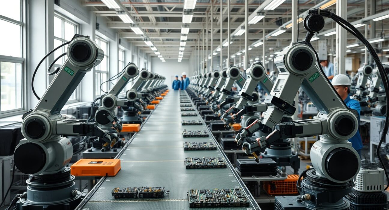 Workers on a modern Japanese factory floor assembling electronics, representing the rebound in industrial production.