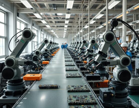 Workers on a modern Japanese factory floor assembling electronics, representing the rebound in industrial production.