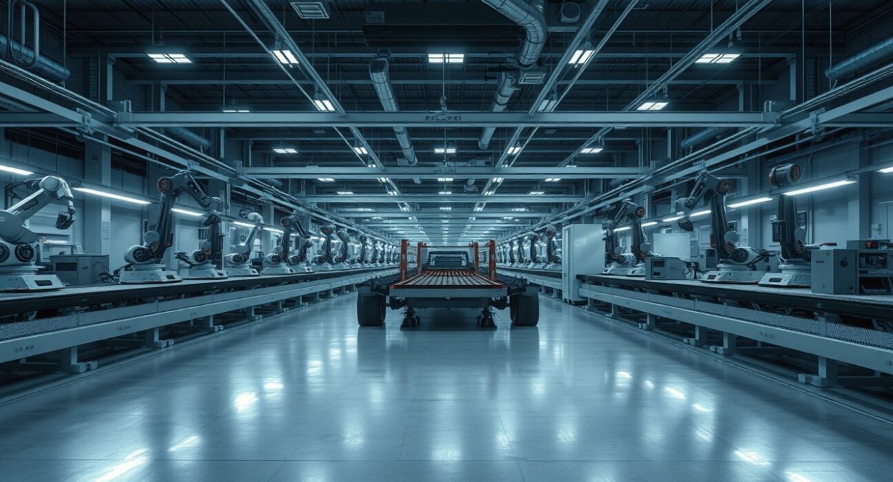 Idle factory floor in Japan with robotic arms and conveyor belts under cool industrial lighting