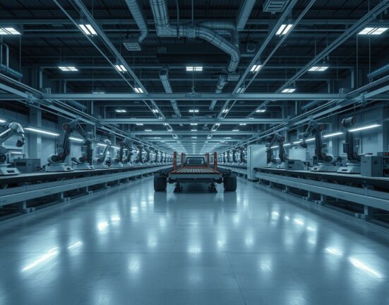 Idle factory floor in Japan with robotic arms and conveyor belts under cool industrial lighting