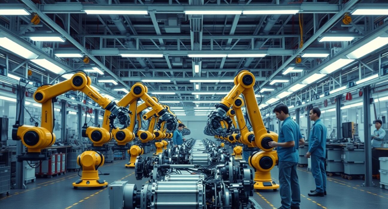 Interior of a modern Japanese factory assembly line with robotic arms and workers