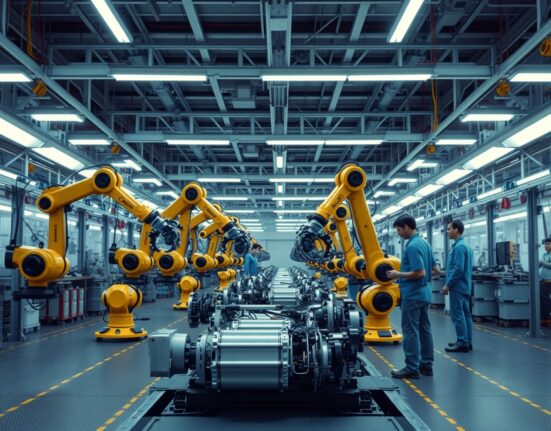 Interior of a modern Japanese factory assembly line with robotic arms and workers