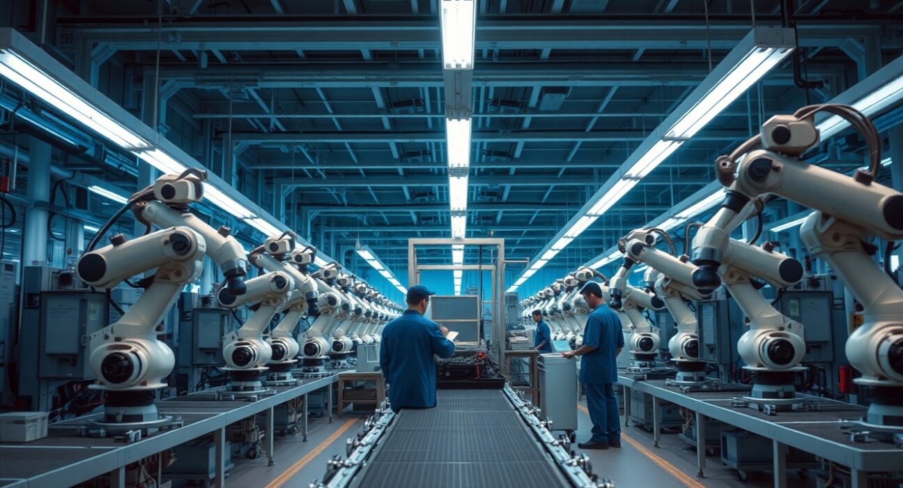 Interior of a modern Japanese factory with assembly line and workers