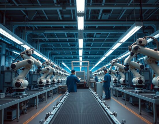 Interior of a modern Japanese factory with assembly line and workers