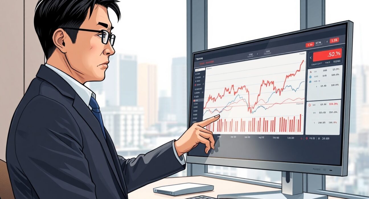 Japanese analyst examines inflation data charts showing Japan's economic challenges and Standard Chartered forecast