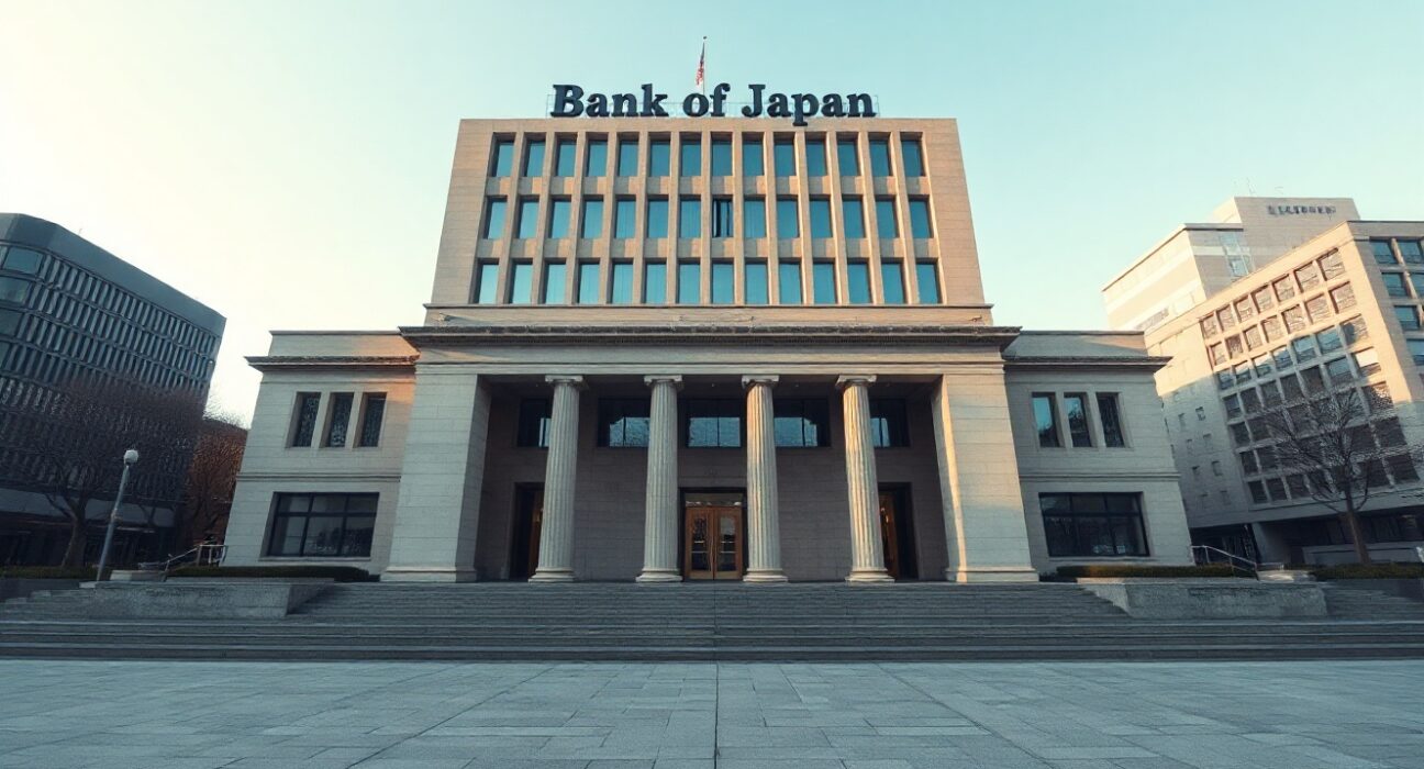 Bank of Japan building in Tokyo with clear sky and modern financial district background