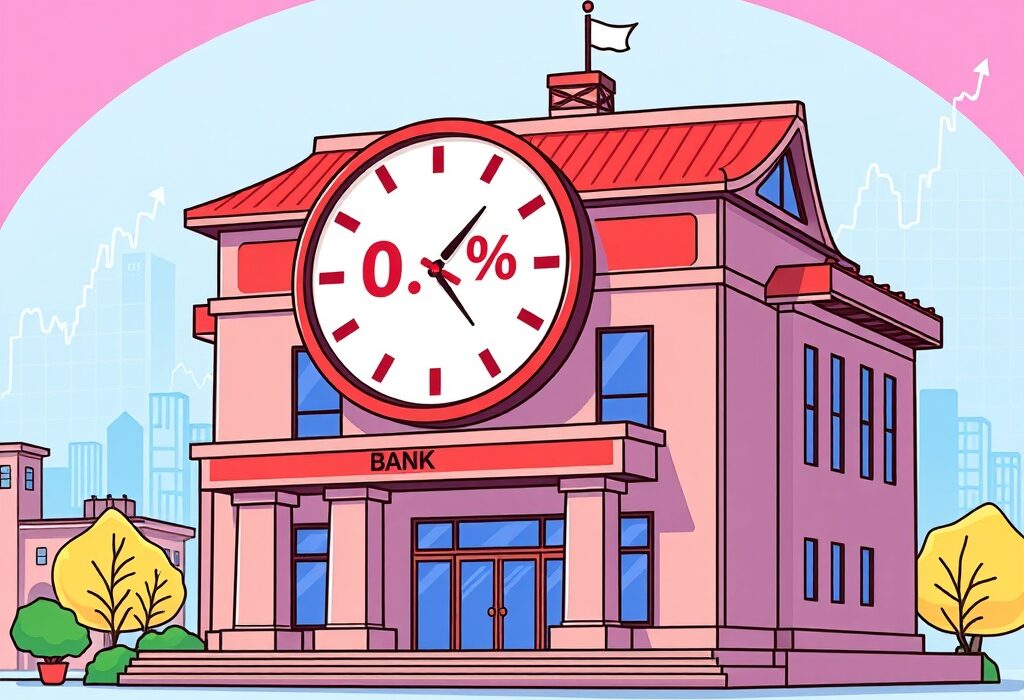 A cartoon illustration of the Bank of Japan building, symbolizing the stability of Japan interest rates at 0.5%.