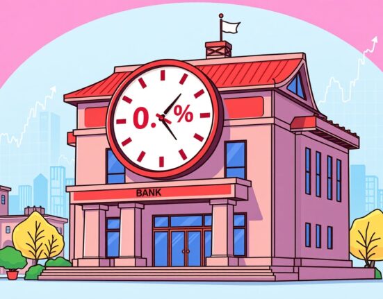 A cartoon illustration of the Bank of Japan building, symbolizing the stability of Japan interest rates at 0.5%.
